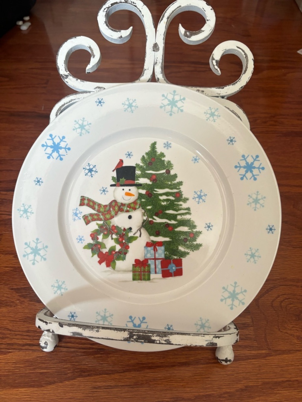 Holiday Snowman & Christmas Tree Decorative Plate - White/Green/Red - Picture 1 of 5